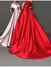 cheap Weddings &amp; Events-Ball Gown Prom Dresses Celebrity Style Dress Quinceanera Formal Evening Court Train Short Sleeve Off Shoulder Satin with Pleats Pure Color 2024