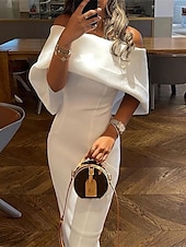baratos Vestidos de Cocktail-Vestidos Prom Sheath Vestido Elegante Convidado de Casamento Graduação Comprimento de Chá Manga ¾ Ombro Caído Tecido Elástico com Cor Límpida Vestidos