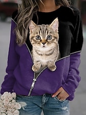 billiga Grafisk butik Sweatshirts &amp; Huvtröjor-dam sweatshirt pullover katt 3d-tryck fritidssport 3d-tryck aktiv streetwear hoodies tröjor blå lila svart comfrt andas mjukt tyg