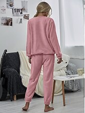 cheap Women&#039;s Sleepwear-Women&#039;s Pink Fleece Pajamas Nighty Pjs Sets 2 Pieces Pure Color Sport Simple Comfort Party Home Street Warm Gift Long Sleeve Hoodie Pant Elastic Waistband Winter Fall Home Outfits