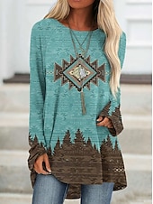 ieftine topuri tunică-Pentru femei Tricou Tunică Marron Galben Verde Deschis Geometric Plisat Imprimeu Manșon Lung Casual Tunici Epocă Έθνικ Rotund Lung Tema boem Geometric ă Mărime Plus S