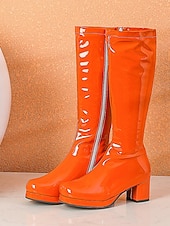 halpa Alustansa saappaat-naisten valkoiset patentoidut polvikorkeat alustasaappaat sivussa vetoketjulla - vintage 70-luvun diskotyyliset paksut korkokengät cosplay-, retro-muotiin ja tapahtumiin