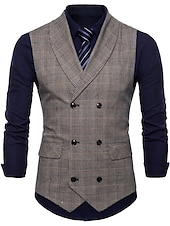 cheap Men&#039;s Vest-Men&#039;s Vest Waistcoat Business Wedding Party Active Smart Casual Spring Fall Polyester Plaid Double Breasted Shirt Collar Slim Brown Light Grey Dark Gray Vest