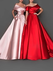 cheap Weddings &amp; Events-Ball Gown Prom Dresses Celebrity Style Dress Quinceanera Formal Evening Court Train Short Sleeve Off Shoulder Satin with Pleats Pure Color 2024