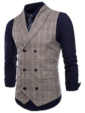 cheap Men&#039;s Vest-Men&#039;s Vest Waistcoat Business Wedding Party Active Smart Casual Spring Fall Polyester Plaid Double Breasted Shirt Collar Slim Brown Light Grey Dark Gray Vest