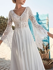 voordelige losse trouwjurken-Strand Open Rug Boho Bruidsjurken A-Lijn V-Hals Lange Mouwen Slepen  Borsttrein Chiffon Bruidsjurken Met Plooien