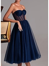 abordables Vestidos de cóctel-Vestidos de cóctel de línea A vestido negro vestido de fiesta fiesta de cócteles promoción té largo sin mangas escote corazón invitada a la boda de otoño tul con pliegues vestido para impresionar