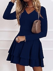 economico Abiti per le feste-Abiti cocktail A-Line abito rosso verde ospite di matrimonio rientro corto  mini maniche lunghe scollatura a V spandex con pieghe colore puro per impressionare