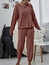 cheap Women&#039;s Sleepwear-Women&#039;s Pink Fleece Pajamas Nighty Pjs Sets 2 Pieces Pure Color Sport Simple Comfort Party Home Street Warm Gift Long Sleeve Hoodie Pant Elastic Waistband Winter Fall Home Outfits