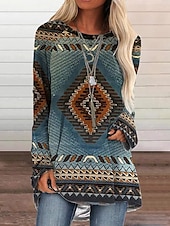 cheap Boho Tops-Women&#039;s Tunic Boho T-shirt T Shirt Graphic Plaid Color Block Vintage Ethnic Boho Long Sleeve Round Neck Regular Tops Casual Daily Going out Print Light Blue Fall &amp; Winter