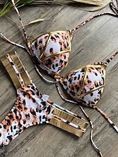 abordables Ensemble de bikinis-Femme Normal Maillots de Bain Bikinis 2 pièces Tanga Maillot de bain Dos ouvert Découpé Sexy Vacances Sexy Léopard Bloc de couleur A Bretelles Maillots de bain