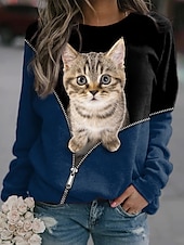 billiga Grafisk butik Sweatshirts &amp; Huvtröjor-dam sweatshirt pullover katt 3d-tryck fritidssport 3d-tryck aktiv streetwear hoodies tröjor blå lila svart comfrt andas mjukt tyg