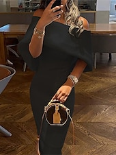 baratos Vestidos de Cocktail-Vestidos Prom Sheath Vestido Elegante Convidado de Casamento Graduação Comprimento de Chá Manga ¾ Ombro Caído Tecido Elástico com Cor Límpida Vestidos