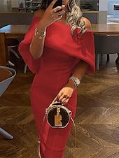 baratos Vestidos de Cocktail-Vestidos Prom Sheath Vestido Elegante Convidado de Casamento Graduação Comprimento de Chá Manga ¾ Ombro Caído Tecido Elástico com Cor Límpida Vestidos