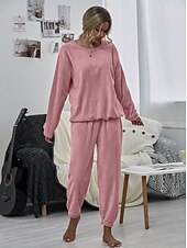 cheap Women&#039;s Sleepwear-Women&#039;s Pink Fleece Pajamas Nighty Pjs Sets 2 Pieces Pure Color Sport Simple Comfort Party Home Street Warm Gift Long Sleeve Hoodie Pant Elastic Waistband Winter Fall Home Outfits