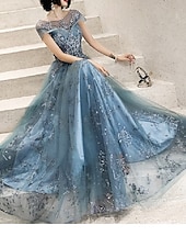 billiga Långa klänningar och gowns-A-linje Golvlång Balklänningar Elegant Kortärmad Prydd med juveler Bröllopsgäst Bröllopsfest Tyll med Plisserat Applikationsbroderi