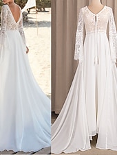 voordelige losse trouwjurken-Strand Open Rug Boho Bruidsjurken A-Lijn V-Hals Lange Mouwen Slepen  Borsttrein Chiffon Bruidsjurken Met Plooien