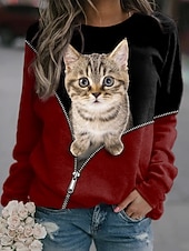 billiga Grafisk butik Sweatshirts &amp; Huvtröjor-dam sweatshirt pullover katt 3d-tryck fritidssport 3d-tryck aktiv streetwear hoodies tröjor blå lila svart comfrt andas mjukt tyg