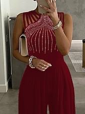 abordables combinaisons de fête-Combinaison Femme Perlé Couleur unie Col Ras du Cou Elégant Mariage Soirée Ample Standard Sans Manches Noir S Eté