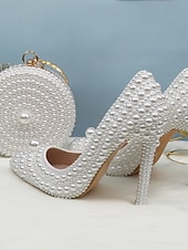 abordables mariée-Chaussures de mariage blanches en perles pour la mariée, escarpins de luxe à talons aiguilles avec pochette assortie en perles, parfaites pour les mariages à l'église, dans une salle de bal et lors de cérémonies formelles.