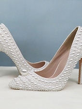 abordables mariée-Chaussures de mariage blanches en perles pour la mariée, escarpins de luxe à talons aiguilles avec pochette assortie en perles, parfaites pour les mariages à l'église, dans une salle de bal et lors de cérémonies formelles.