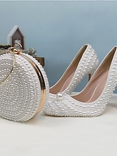 abordables mariée-Chaussures de mariage blanches en perles pour la mariée, escarpins de luxe à talons aiguilles avec pochette assortie en perles, parfaites pour les mariages à l'église, dans une salle de bal et lors de cérémonies formelles.