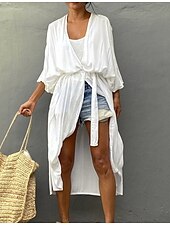cheap Casual Jackets-Women&#039;s Normal Swimwear Cover Up Beach Top Swimsuit Lace up Pleated UV Protection Vacation Holiday Pure Color V Wire Bathing Suits
