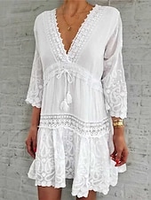 ieftine Rochii Albe din Dantela-Pentru femei Rochie de schimb Rochie Mini Negru Alb Roz Îmbujorat Lungime Manșon 3/4 Floral Imprimeu Vară Primăvară În V Vacanță 2023 S M L XL XXL 3XL 4XL