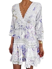 ieftine Rochii Albe din Dantela-Pentru femei Rochie de schimb Rochie Mini Negru Alb Roz Îmbujorat Lungime Manșon 3/4 Floral Imprimeu Vară Primăvară În V Vacanță 2023 S M L XL XXL 3XL 4XL