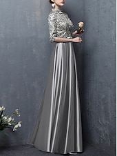 tanie Długość podłogi-Krój A Sięgająca podłoża Sukienka dla gościa weselnego Suknia Suknia wieczorowa Sukienka dla matki panny młodej Rękaw 1/2 Wysoki Elegancja Zabytkowe Gość weselny Wesele Satyna z Kokardki Haft