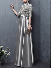 tanie Długość podłogi-Krój A Sięgająca podłoża Sukienka dla gościa weselnego Suknia Suknia wieczorowa Sukienka dla matki panny młodej Rękaw 1/2 Wysoki Elegancja Zabytkowe Gość weselny Wesele Satyna z Kokardki Haft