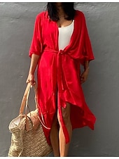cheap Casual Jackets-Women&#039;s Normal Swimwear Cover Up Beach Top Swimsuit Lace up Pleated UV Protection Vacation Holiday Pure Color V Wire Bathing Suits