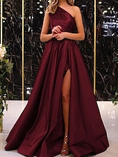 economico viola-Abito da sera A-Line abito elegante abito da sposa coinvolgimento lunghezza pavimento senza maniche spalla unica satinato con plissettature spacco