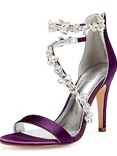 billige Cocktail-marineblå sateng-stiletthæler for kvinner med rhinestone-pynt - elegante bryllupssko for formelle anledninger og cocktailbegivenheter