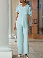 preiswerte Hosenanzüge für Mama-Zweiteiliger Jumpsuit  Hosenanzug Brautmutter Hochzeitsgast Elegant Plus Size Schmuckkragen bodenlang Chiffon kurze Ärmel mit kaskadierenden Rüschen