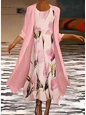 cheap Floral Dress-Women&#039;s Midi Dress Two Piece Dress Set Church Dress Pink Green Gray 3/4 Length Sleeve Floral Ruched Summer Spring Crew Neck Elegant 2023 S M L XL XXL 3XL