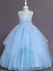 preiswerte Kleider für die Blumenmädchen-Kinder Mädchenkleid Blumen einfarbig A-Linienkleid Aufführung Hochzeit Party Rüschen Mesh Rosa Hellblau Weiß Maxi Ärmellos Niedlich Prinzessinnenkleider Sommer Herbst Normale Passform 3-12 Jahre