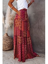 cheap Skirts-Women&#039;s Skirt Swing Long Skirt Bohemia Maxi Skirts Drawstring Print Graphic Solid Colored Causal Vacation Spring &amp; Summer Vintage Boho Red Blue Purple