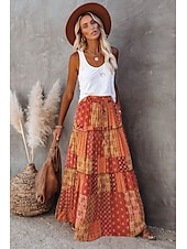 cheap Skirts-Women&#039;s Skirt Swing Long Skirt Bohemia Maxi Skirts Drawstring Print Graphic Solid Colored Causal Vacation Spring &amp; Summer Vintage Boho Red Blue Purple