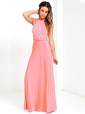 baratos Vestidos para Madrinhas-vestido de dama de honra linha a decote halter / decote em v sem mangas conversível infinito comprimento do chão elastano com faixa / fita / pregas vestido para impressionar 2025