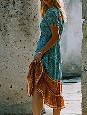 abordables Robes Bohémiennes-Femme Robe mi-longue Robe casual Robe ethnique Robe Évasée robe boheme mode Moderne Décontractées Extérieur Vacances Rendez-vous Standard Floral Cachemire Manche Courte Col V Rouge Bleu Eté Printemps