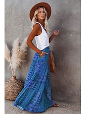 cheap Skirts-Women&#039;s Skirt Swing Long Skirt Bohemia Maxi Skirts Drawstring Print Graphic Solid Colored Causal Vacation Spring &amp; Summer Vintage Boho Red Blue Purple
