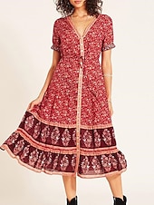 abordables Robes Bohémiennes-Femme Robe mi-longue Robe casual Robe ethnique Robe Évasée robe boheme mode Moderne Décontractées Extérieur Vacances Rendez-vous Standard Floral Cachemire Manche Courte Col V Rouge Bleu Eté Printemps