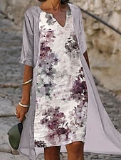 cheap Dress Sets-Women&#039;s Dress Set Two Piece Dress A Line Dress Midi Dress Light Blue Gray Half Sleeve Floral Print Summer Spring V Neck Elegant 2023 S M L XL XXL 3XL
