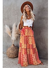 cheap Skirts-Women&#039;s Skirt Swing Long Skirt Bohemia Maxi Skirts Drawstring Print Graphic Solid Colored Causal Vacation Spring &amp; Summer Vintage Boho Red Blue Purple