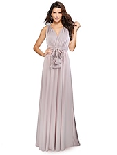baratos Vestidos para Madrinhas-vestido de dama de honra linha a decote halter / decote em v sem mangas conversível infinito comprimento do chão elastano com faixa / fita / pregas vestido para impressionar 2025