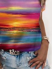 tanie Koszulka tie-dye i gradientowa-damska koszulka z nadrukiem krótki rękaw regularna bluzka okrągły dekolt swobodna codzienna świąteczna fioletowa