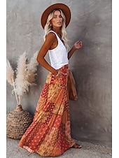 cheap Skirts-Women&#039;s Skirt Swing Long Skirt Bohemia Maxi Skirts Drawstring Print Graphic Solid Colored Causal Vacation Spring &amp; Summer Vintage Boho Red Blue Purple