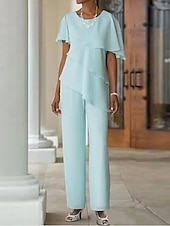 preiswerte Hosenanzüge für Mama-Zweiteiliger Jumpsuit  Hosenanzug Brautmutter Hochzeitsgast Elegant Plus Size Schmuckkragen bodenlang Chiffon kurze Ärmel mit kaskadierenden Rüschen