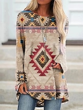 ieftine topuri tunică-Pentru femei Tricou Tunică Marron Galben Verde Deschis Geometric Plisat Imprimeu Manșon Lung Casual Tunici Epocă Έθνικ Rotund Lung Tema boem Geometric ă Mărime Plus S
